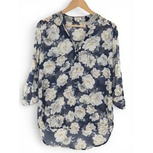 Navy Ivory Floral Sheer Tunic Blouse M 3/4 Roll-Tab Sleeve High-Low Cottagecore